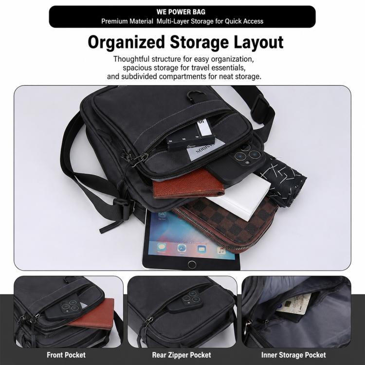 Black crossbody bag with organized compartments and front zipper pocket