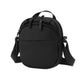 Black round nylon crossbody bag with adjustable shoulder strap and side zip pockets