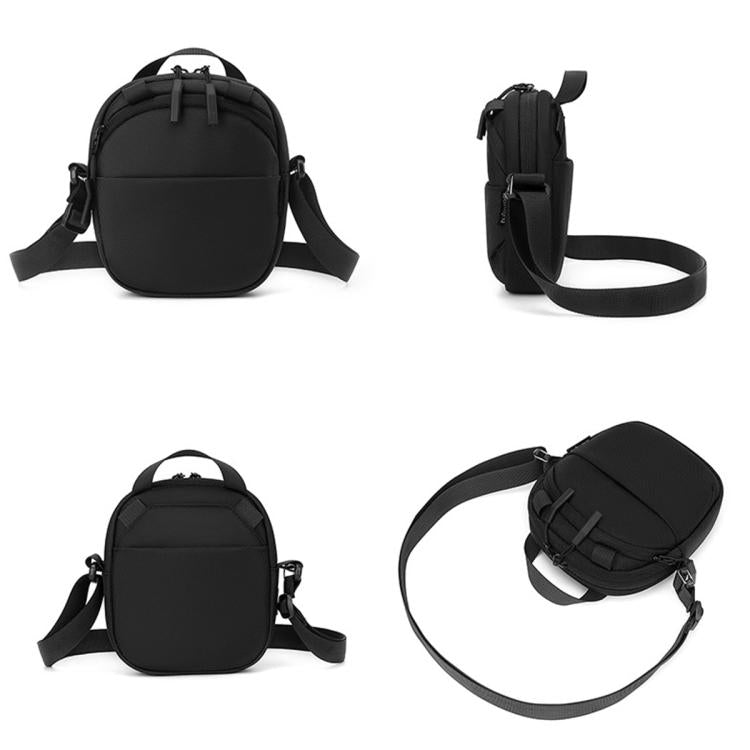 Black nylon crossbody bag shown from multiple angles with shoulder strap and top handle