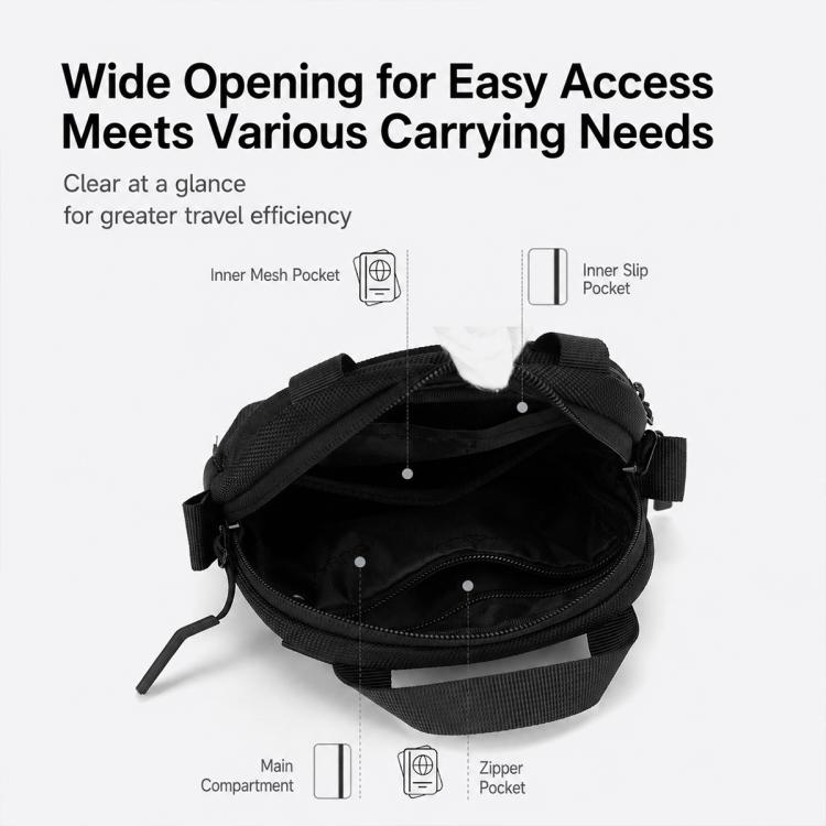 Black nylon crossbody bag with wide opening, zipper pocket, and inner mesh pocket
