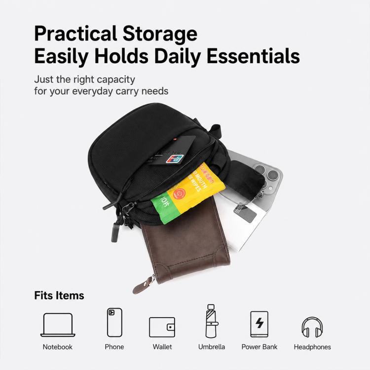 Black nylon crossbody bag with compact organizer for everyday essentials and small devices