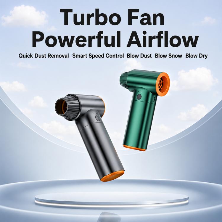 Handheld turbo air blower with green handle and orange outlet ring