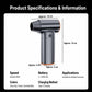 Turbo air blower dimensions and specs diagram, gray body with orange nozzle