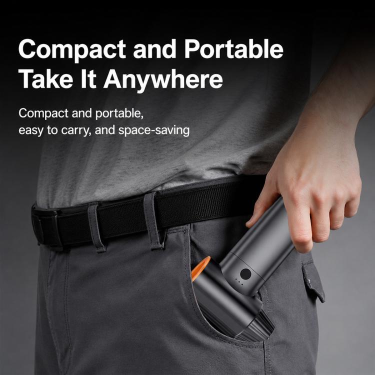 Handheld turbo air blower, gray with orange nozzle, carried in a belt pouch