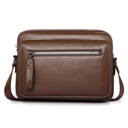 Men's dark brown PU leather crossbody bag with front zipper and shoulder strap