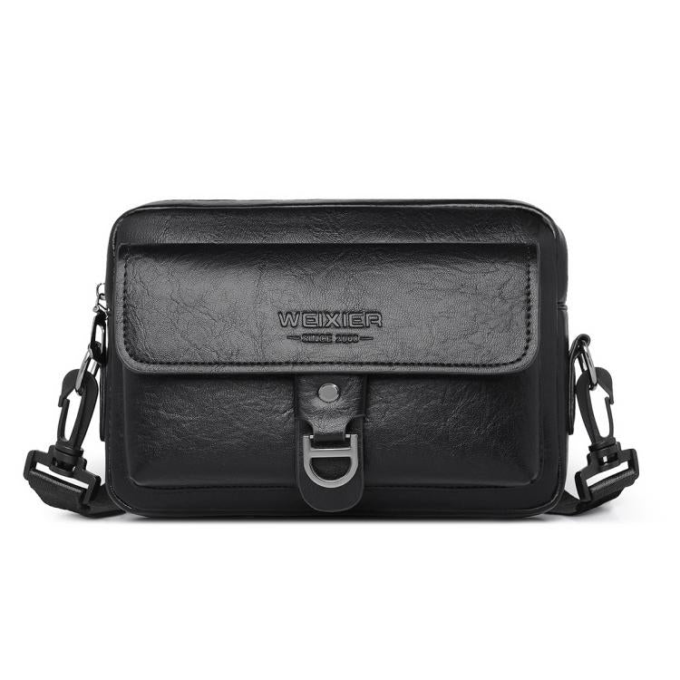 Black PU leather crossbody sling bag with front flap and metal buckle clasp