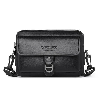 Black PU leather crossbody sling bag with front flap and metal buckle clasp