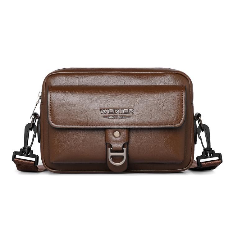 Dark brown PU leather crossbody sling bag with front flap and metal buckle clasp