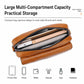 Orange PU leather crossbody sling bag opened to show zippered multi-compartment interior