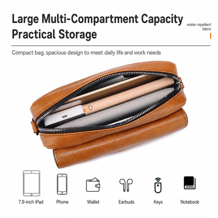 Orange PU leather crossbody sling bag opened to show zippered multi-compartment interior