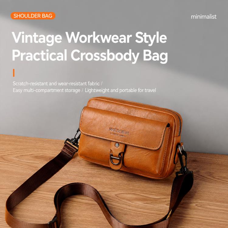 Orange PU leather crossbody sling bag on shoulder with adjustable strap and buckle flap