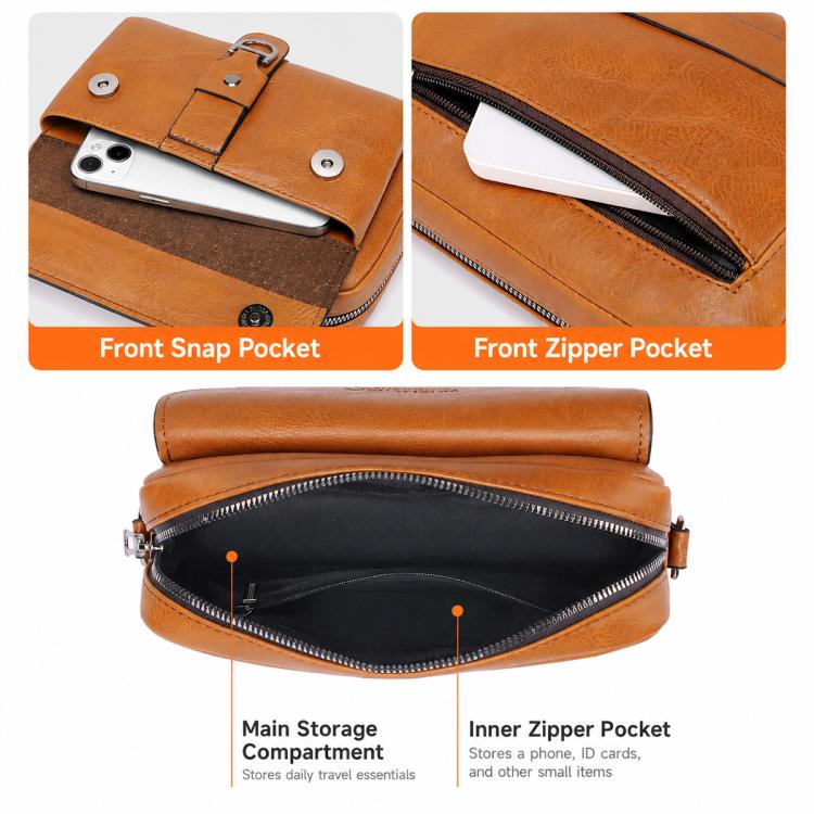 Brown crossbody bag showing front snap pocket, front zipper pocket, and inner zipper pocket