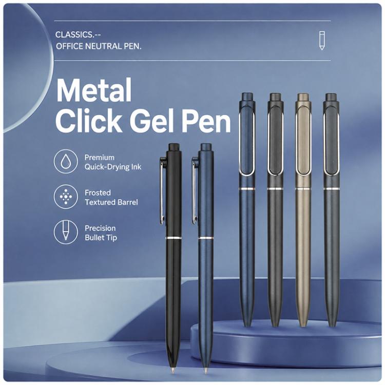Metal click gel pens with bullet tips, set shown in assorted colors