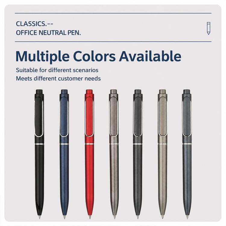 Retractable gel pens in multiple colors: black, blue, red, gray, and dark green