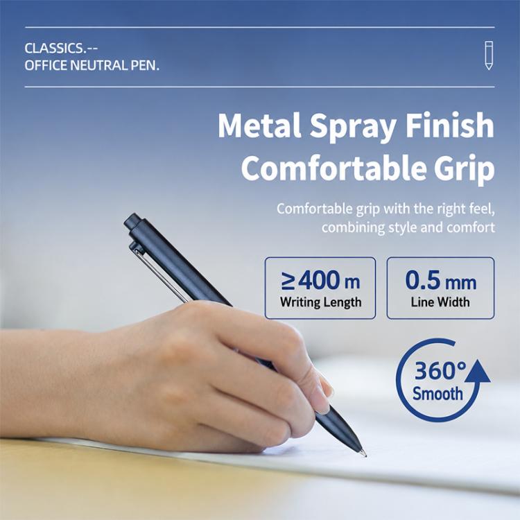 Retractable gel pen with dark blue barrel, bullet tip in writing position