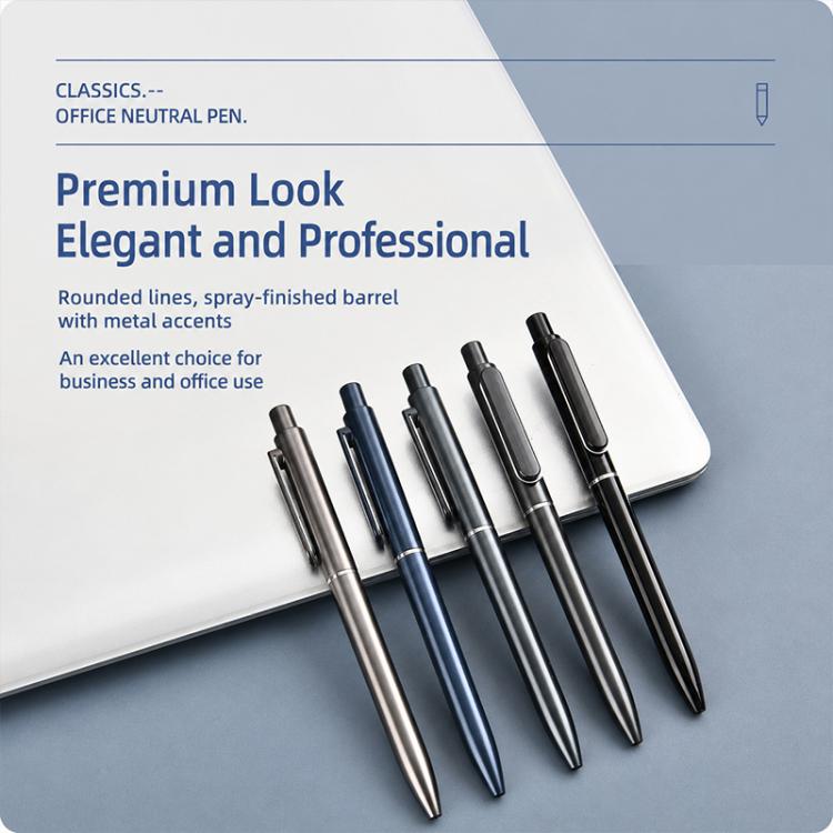 Retractable gel pens, black and silver barrels with metal accents, bullet tips