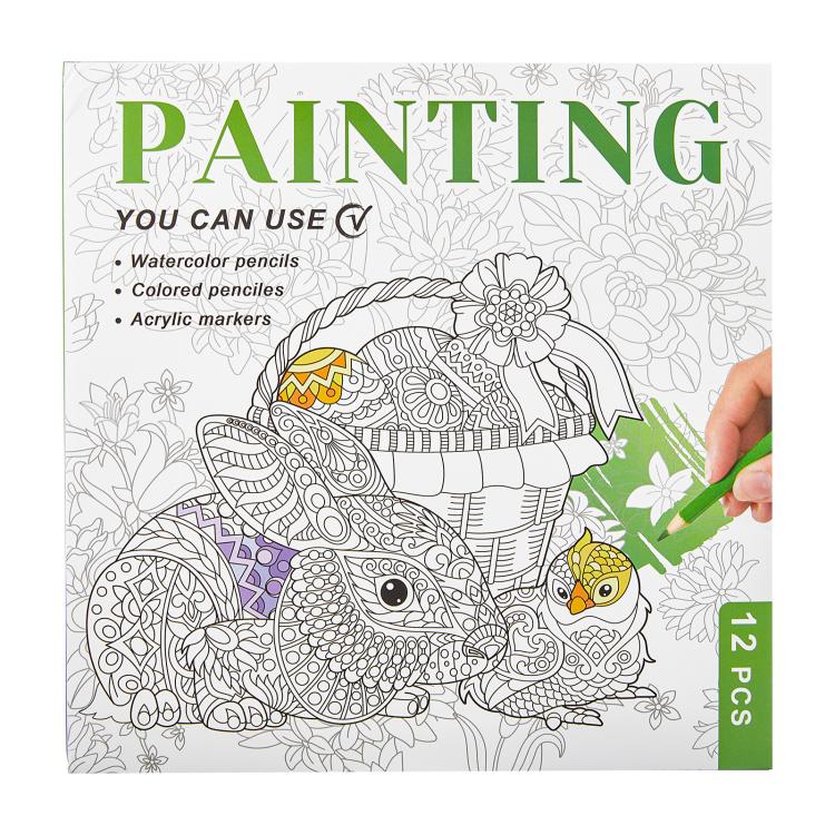 Painting coloring book page with koi fish, hand coloring with a green marker