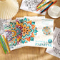 Mandala painting activity sheets with colorful floral sample designs and 12 pcs text