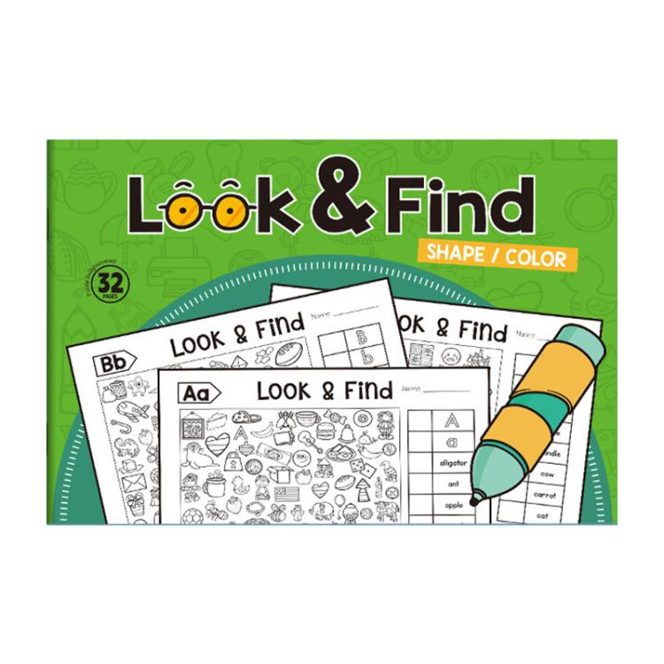 Kids Look & Find activity book cover in green with shape-and-color search pages