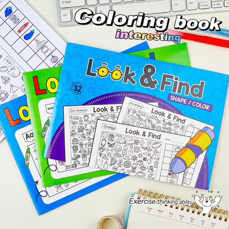 Kids Look & Find activity booklets stack with “Coloring book” theme pages