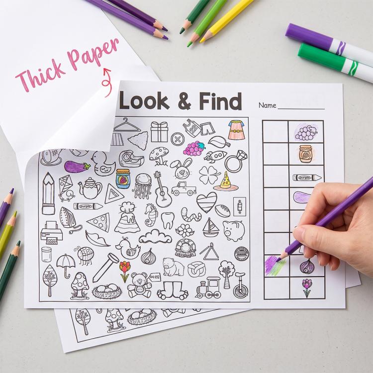 Look & Find worksheet page with “Name” area and purple pencil coloring