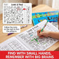 Children’s Look & Find pages on desk with colored pencils and highlighted shapes
