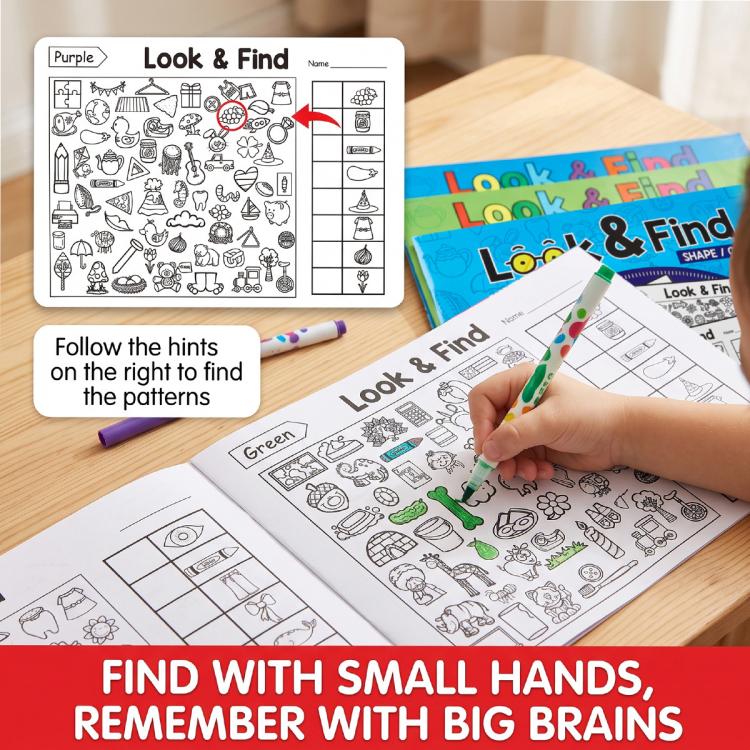 Children’s Look & Find pages on desk with colored pencils and highlighted shapes