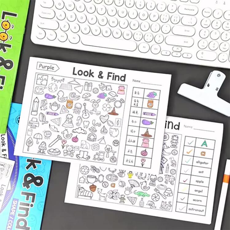 Look & Find activity pages with colored highlights and magnifying glass icons