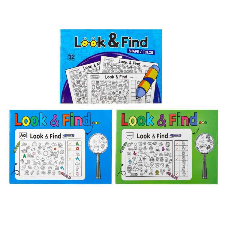 Two Look & Find activity book covers on white background with magnifier puzzle