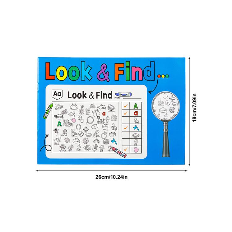 Blue Look & Find activity book cover with dimensions and magnifier graphic