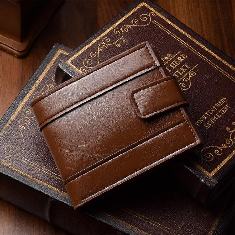 Dark brown leather bi-fold wallet with card slots and front buckle tab.