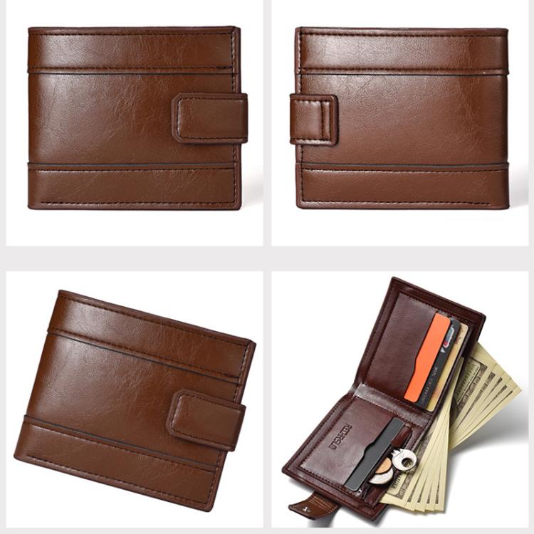 Brown leather bi-fold wallet with multiple card slots and stitched edge seams.