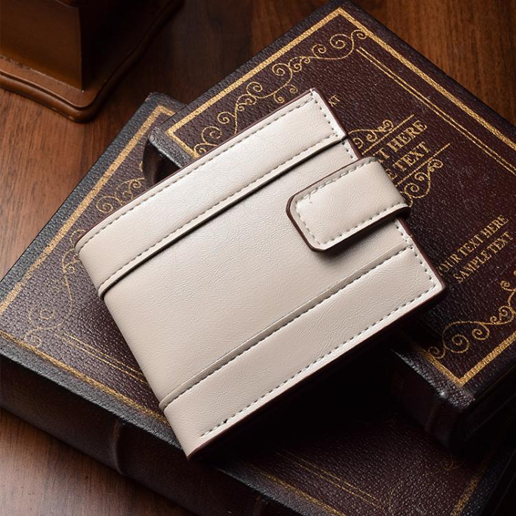 White leather bi-fold wallet with card slots and front buckle tab detail.