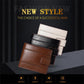 Leather bi-fold wallets in brown and white with front buckle tabs.