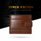 Brown leather bi-fold wallet with front buckle tab and stitched panel design.