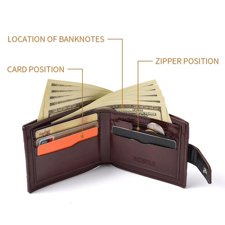 Leather bi-fold wallet interior with card slots and note compartments, zipper side.