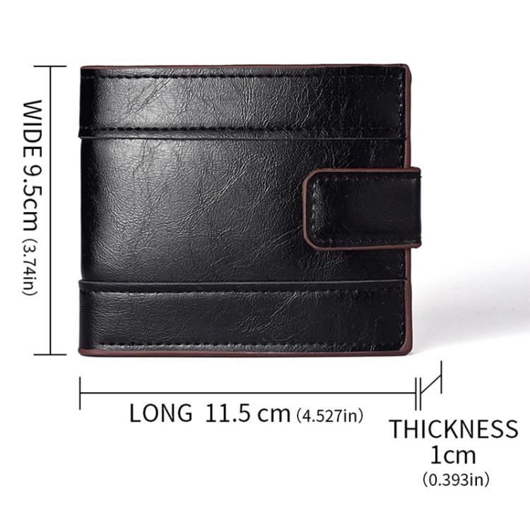Dark leather men’s wallet with front flap, multi-card slots, and stitched trim.