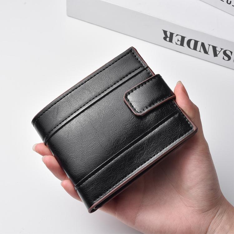 Black leather men’s wallet with multi-card slots and front flap, shown in hand.