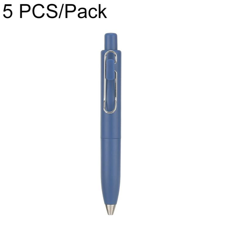 Blue retractable pocket ballpoint pen with metal clip and bullet tip