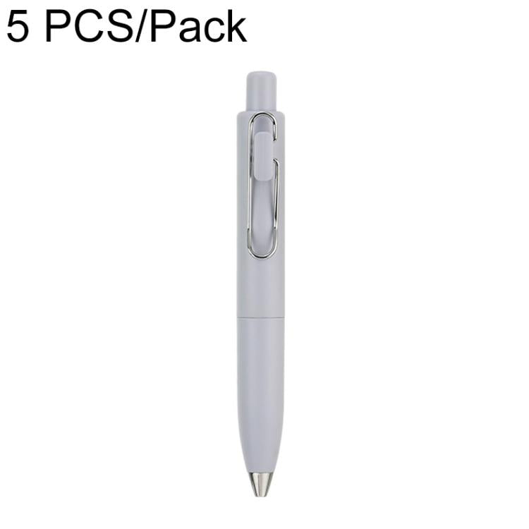 Light gray retractable pocket ballpoint pen with metal clip and bullet tip
