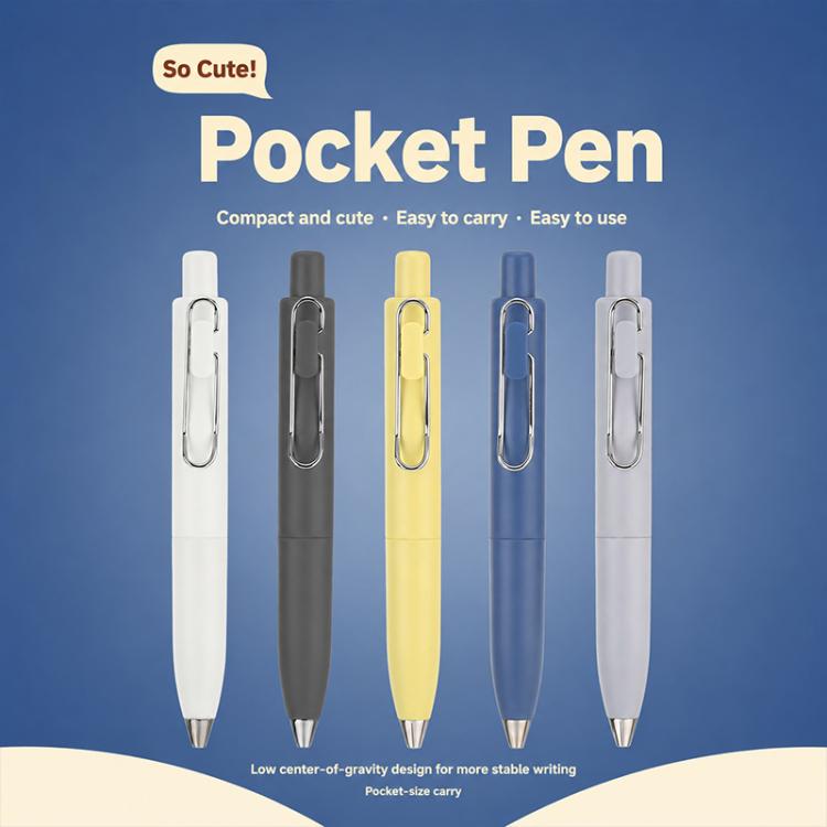 Five pocket ballpoint pens in white, gray, yellow, blue, and light gray with clips