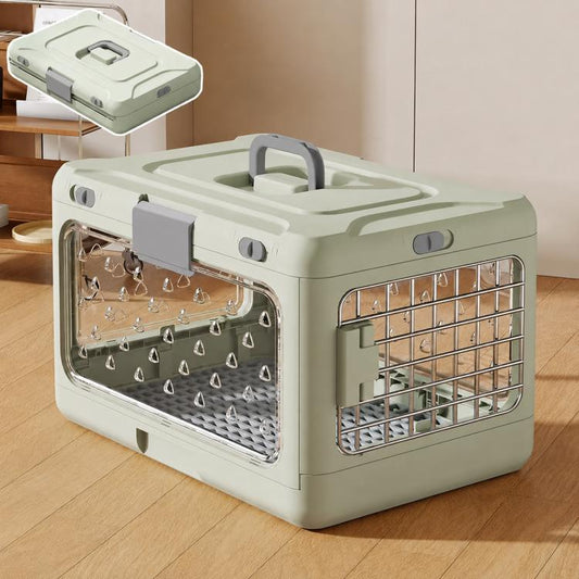 Foldable green pet carrier with clear vented front panel and metal ventilation side grate