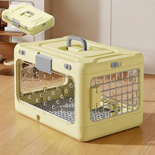 Light green foldable pet carrier with clear front window and metal side ventilation
