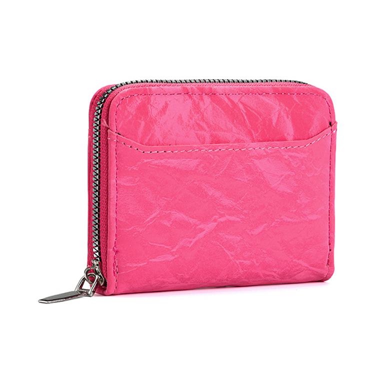 Pink PU card and coin zipper wallet with silver-tone zipper and top-stitching.