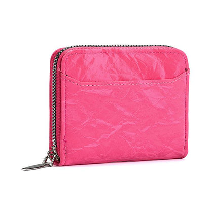Pink PU card and coin zipper wallet with silver-tone zipper and top-stitching.