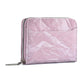 Lilac card and coin zipper wallet with silver-tone zipper pull and stitched panel.