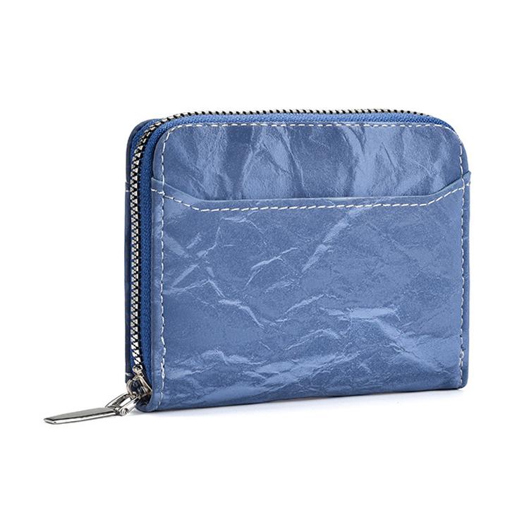 Blue PU card and coin zipper wallet with silver-tone zipper pull and contrast stitching.