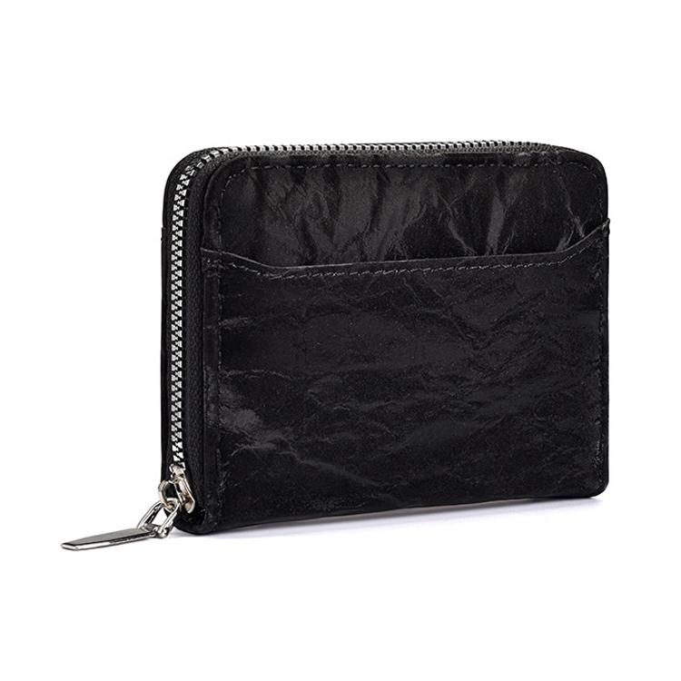 Black PU card and coin zipper wallet with silver-tone zipper pull and stitched front.