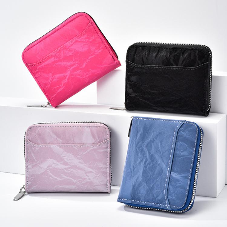 Set of four zipper coin card bags in pink, black, lavender, and blue faux-leather