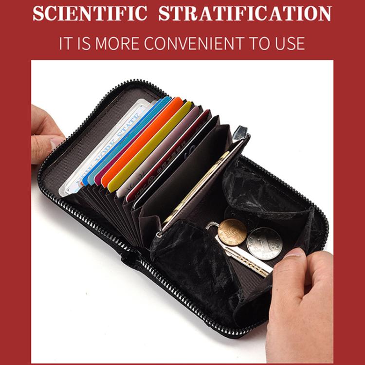 Black zipper card coin wallet open view with card slots and coin compartment.